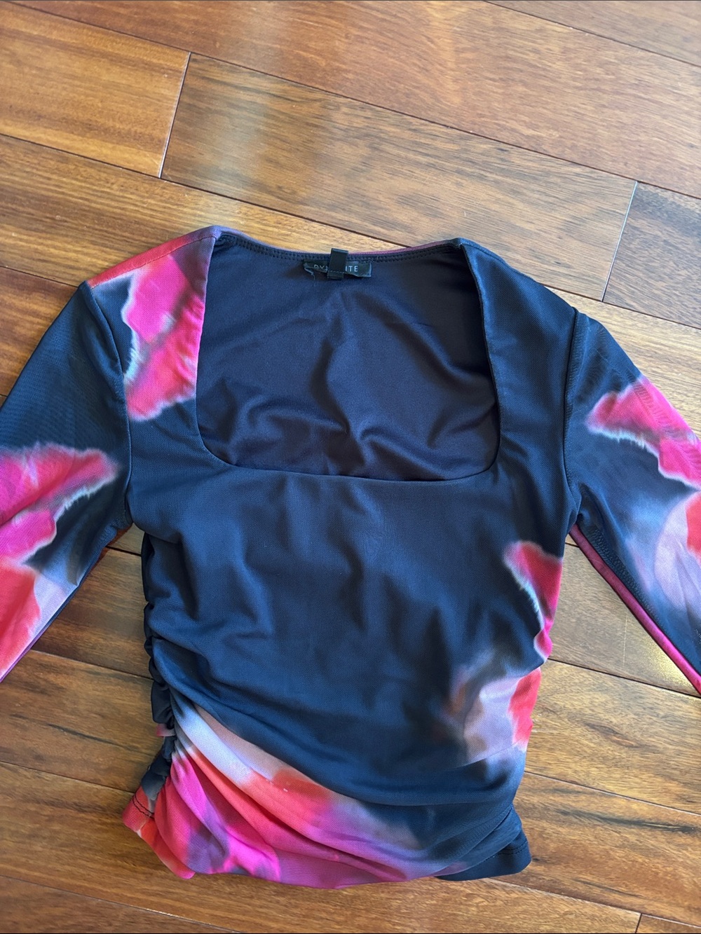 Dynamite Black Long-Sleeve Mesh Top with Red Accents